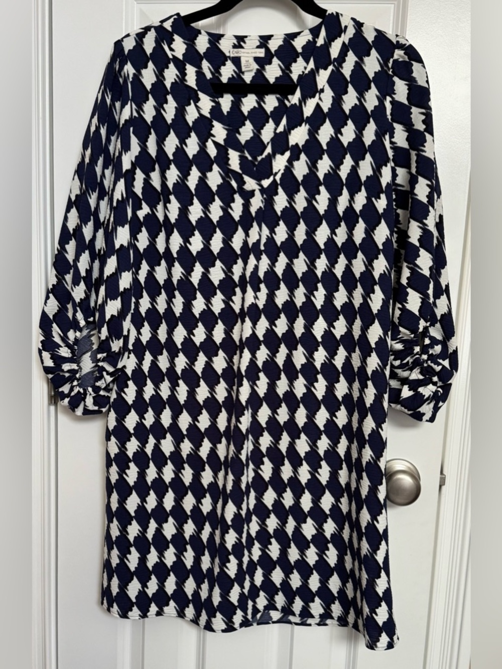 Cato Navy and White Long Sleeve Geometric Tunic Dress